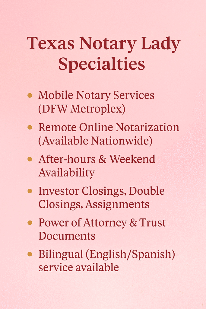 Texas Notary Lady service list featuring remote online notarization, after-hours and weekend appointments, bilingual services, investor closings double closings, power of attorney, attorney and trust documents. Available in English and Spanish. 