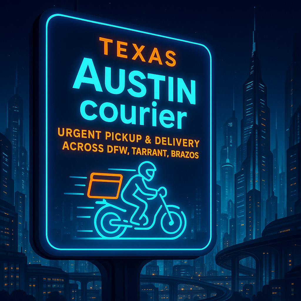 Texas Notary Lady offering 48-hour apostille courier services in Austin TEXAS. Professional woman in stylish attire, promoting fast document delivery to the Texas Secretary of State. Branding uses navy, rose gold, and cream tones. 
